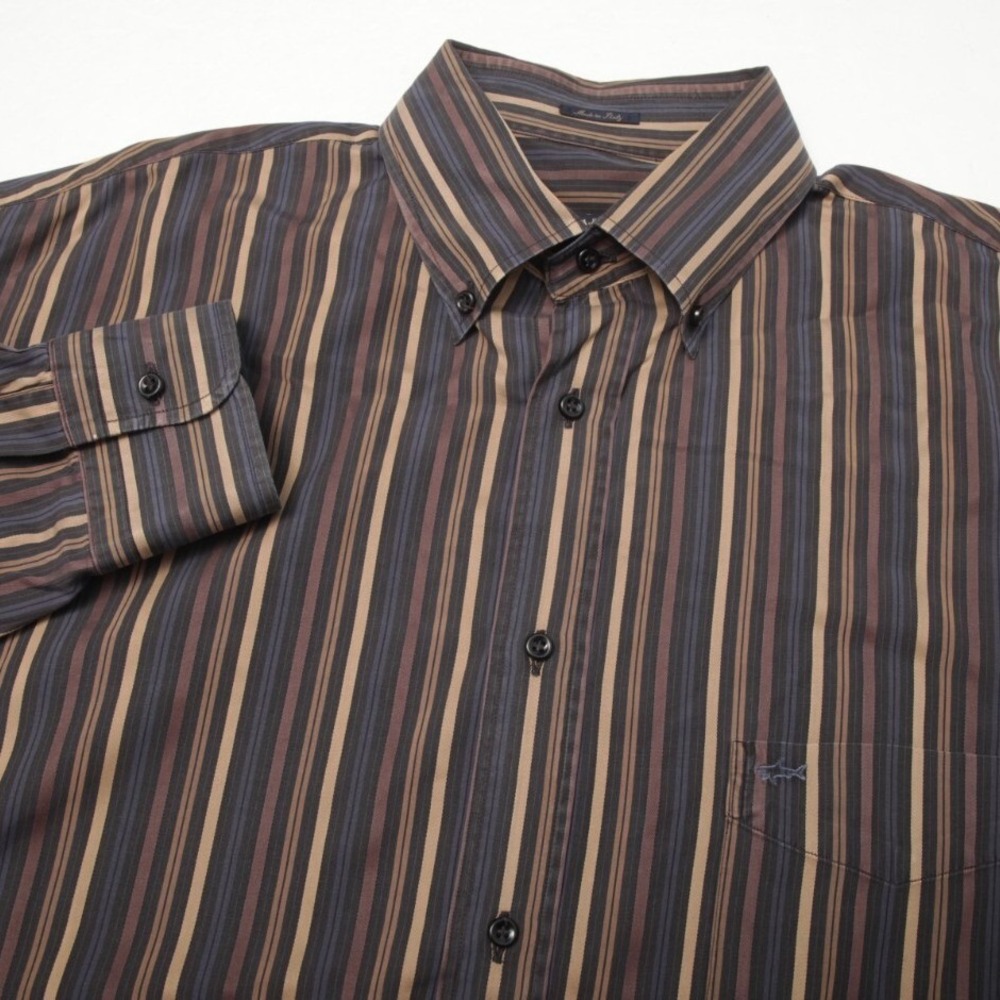 Paul & Shark Yachting Button Down Shirt Mens 44 Brown Striped Long Sleeve Italy